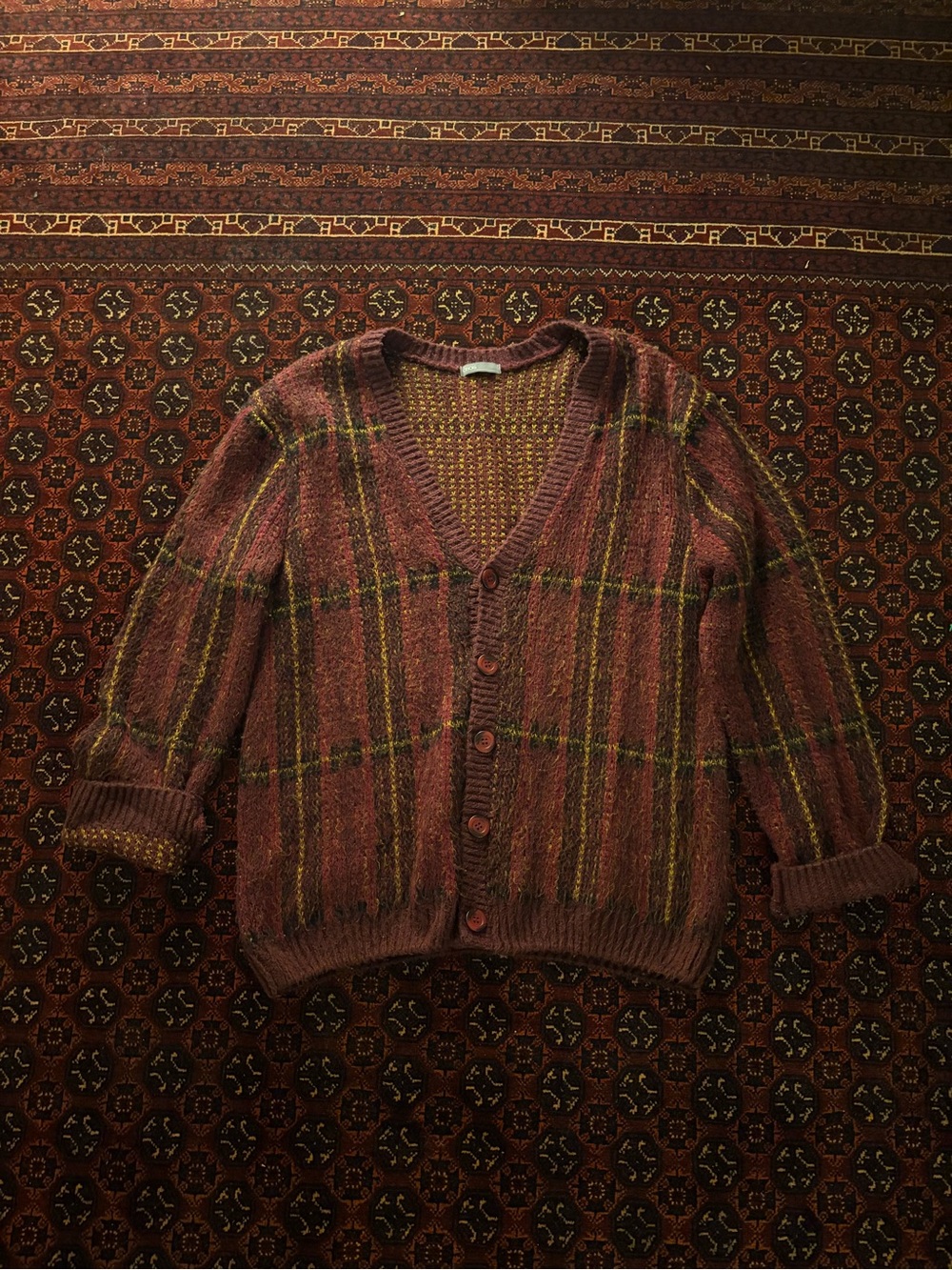 ASOS Burgundy Plaid V-Neck Button Cardigan with Green/yellow Stripe Accents